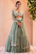 Jyoti Fashion Sea Green Two Tier Crush Georgette Lehenga Choli with Dupatta