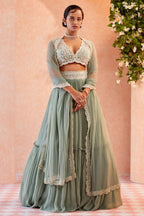 Jyoti Fashion Sea Green Two Tier Crush Georgette Lehenga Choli with Dupatta