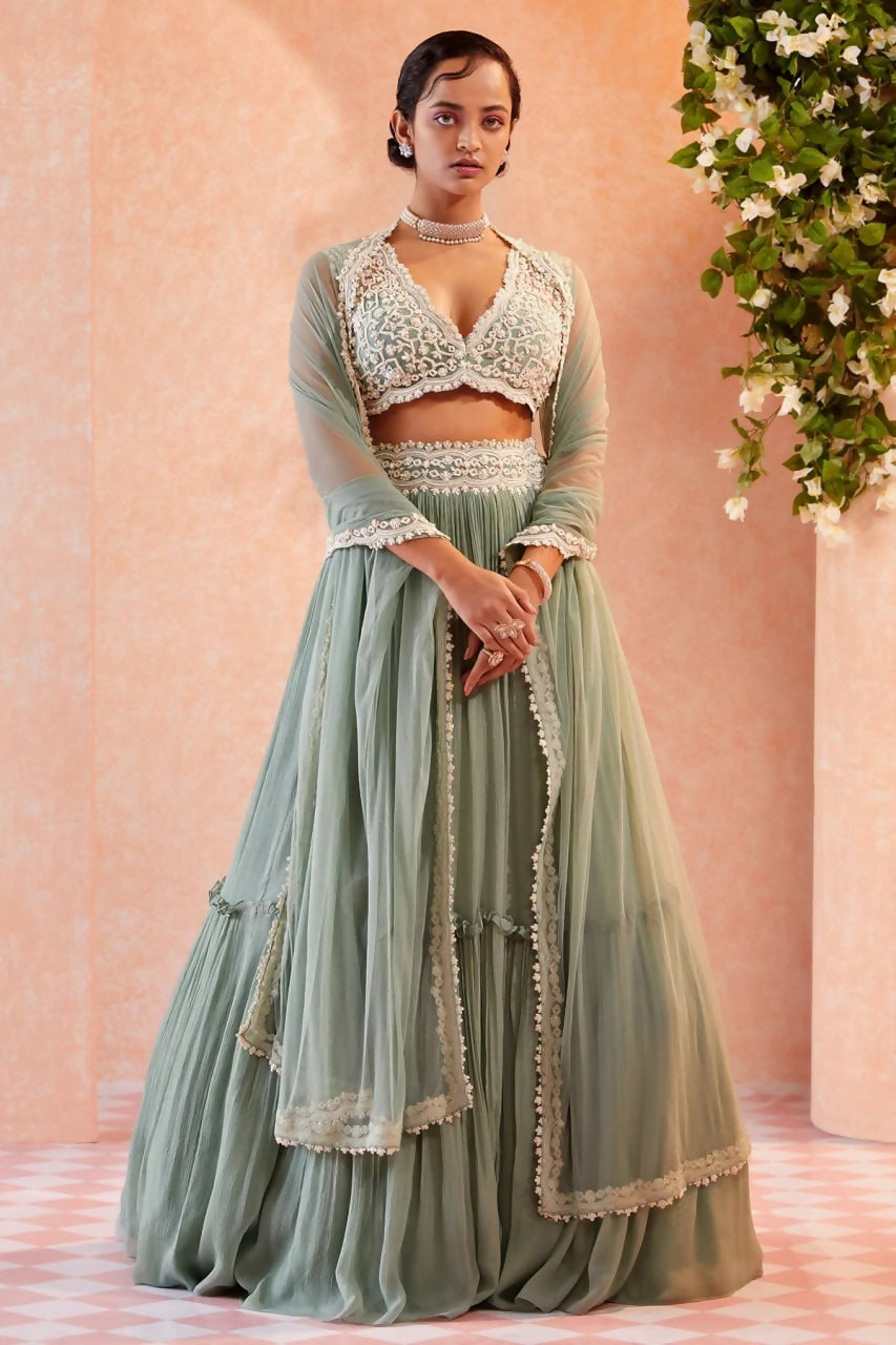 Jyoti Fashion Sea Green Two Tier Crush Georgette Lehenga Choli with Dupatta