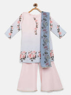 Ahalyaa Pink Crepe Floral Print Kids Kurta Sharara Set With Dupatta For Girls