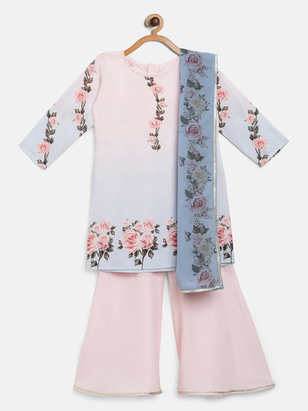 Ahalyaa Pink Crepe Floral Print Kids Kurta Sharara Set With Dupatta For Girls