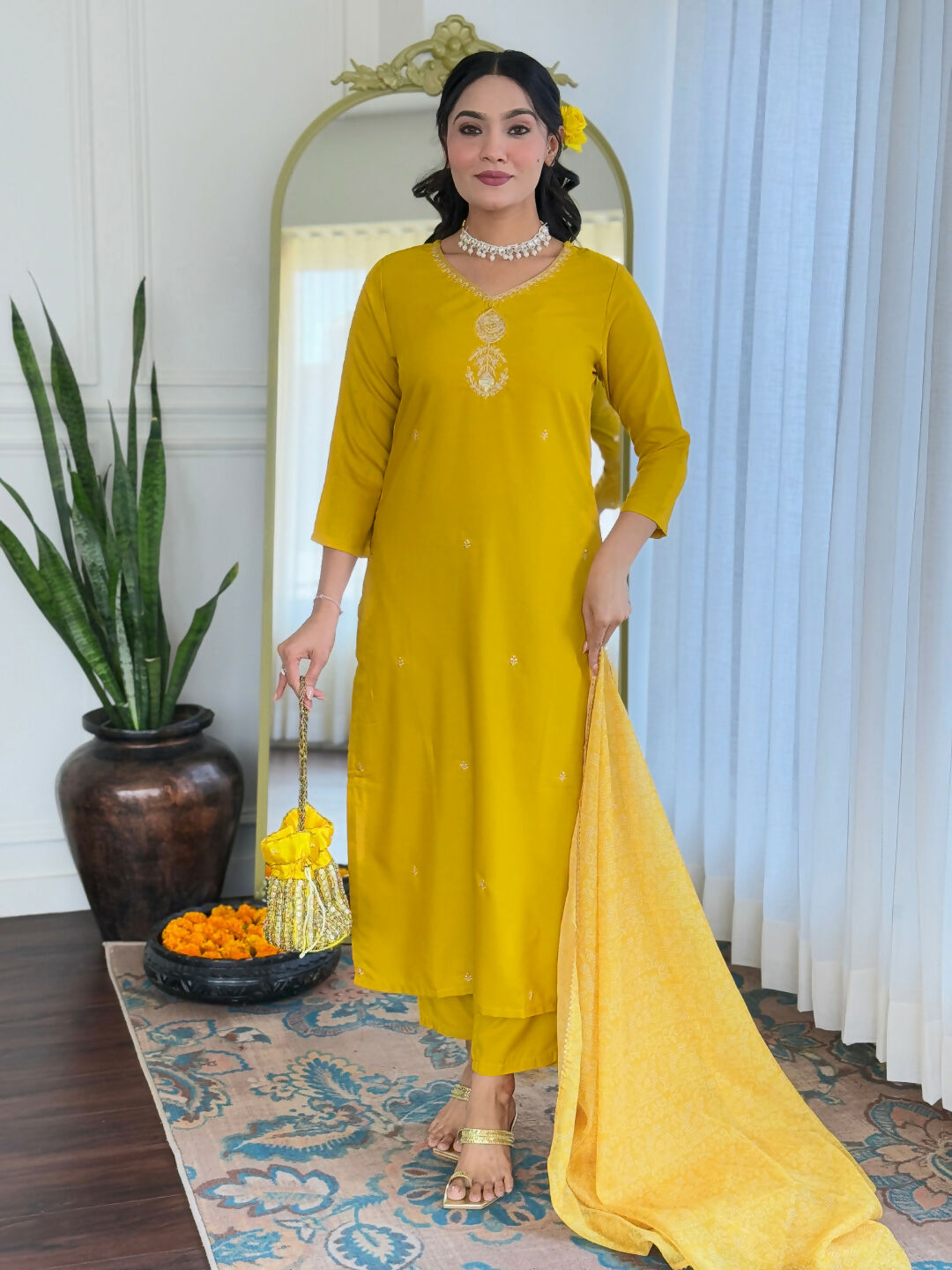 The52 Yellow Women's Beautiful Embroidered Rayon Fabric with Straight Kurta, Pant and Dupatta Set - Distacart