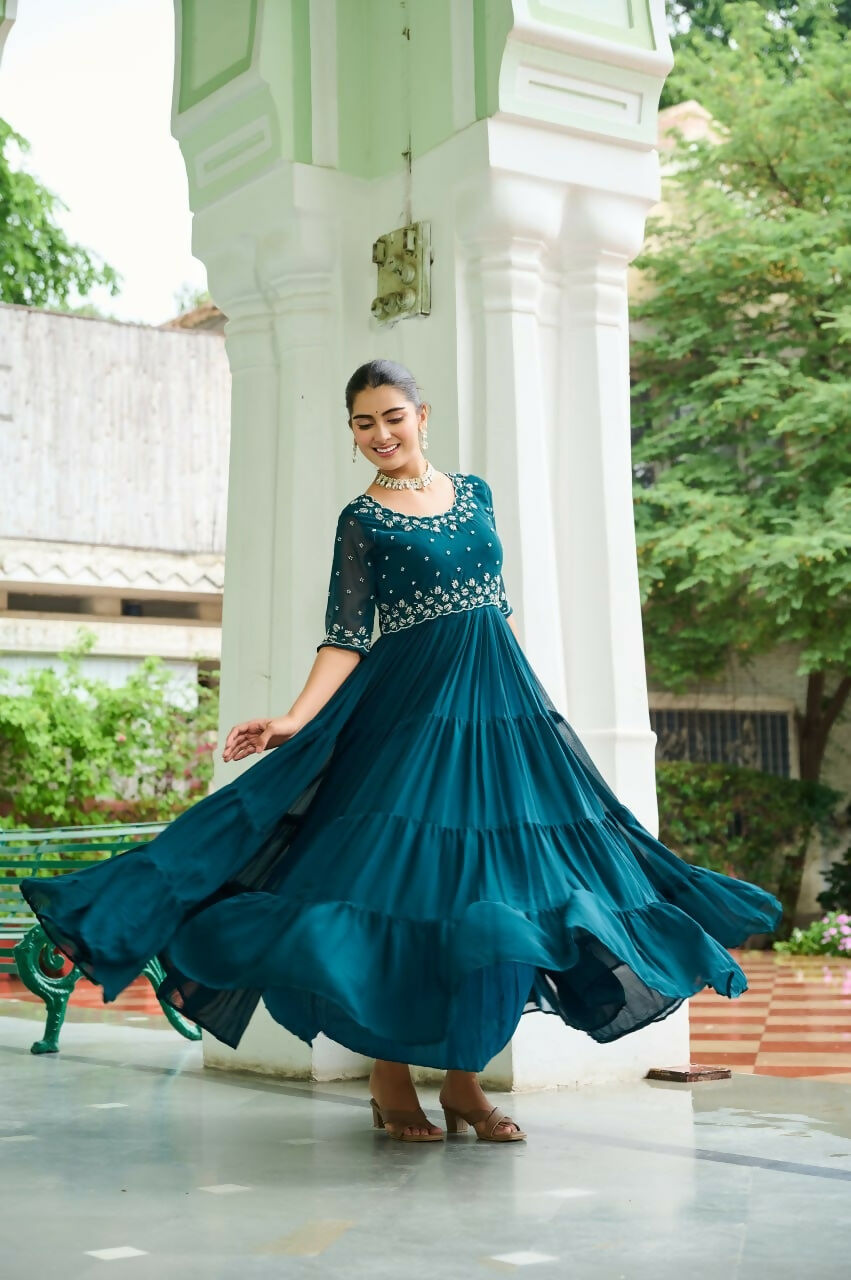 Teeya Creation Rama Color Faux Georgette Hand Embroidery Work Party Wear Gown - Distacart