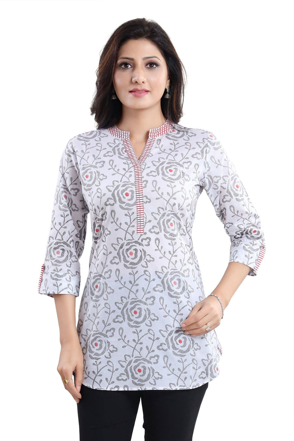 Snehal Creations Vibrant Vigour White Cotton Printed Short Tunic Top - Distacart