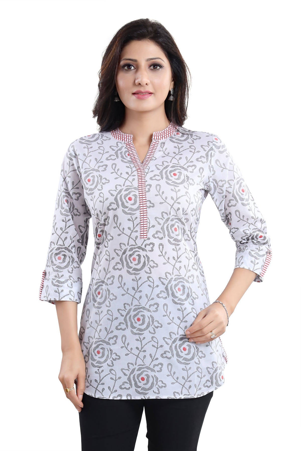 Snehal Creations Vibrant Vigour White Cotton Printed Short Tunic Top - Distacart