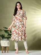 Myshka Women's Cotton Printed A-Line Kurta in Off White Color