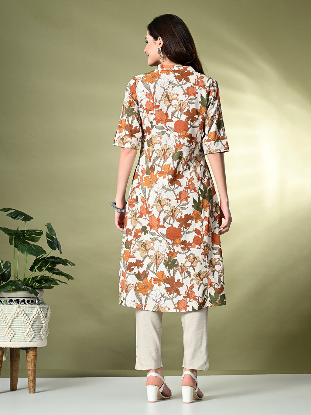Myshka Women's Cotton Printed A-Line Kurta in Off White Color