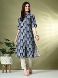 Myshka Women's Cotton Printed A-Line Kurta in Navy Blue Color