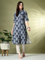 Myshka Women's Cotton Printed A-Line Kurta in Navy Blue Color