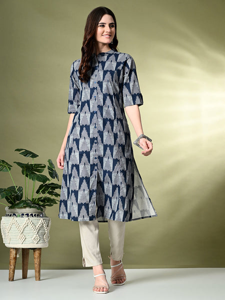 Myshka Women's Cotton Printed A-Line Kurta in Navy Blue Color