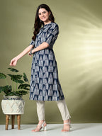 Myshka Women's Cotton Printed A-Line Kurta in Navy Blue Color