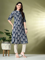 Myshka Women's Cotton Printed A-Line Kurta in Navy Blue Color