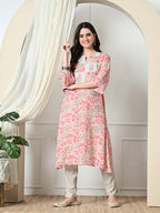Myshka Women's Hakoba Printed A-Line Kurta in Peach Color