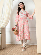 Myshka Women's Hakoba Printed A-Line Kurta in Peach Color