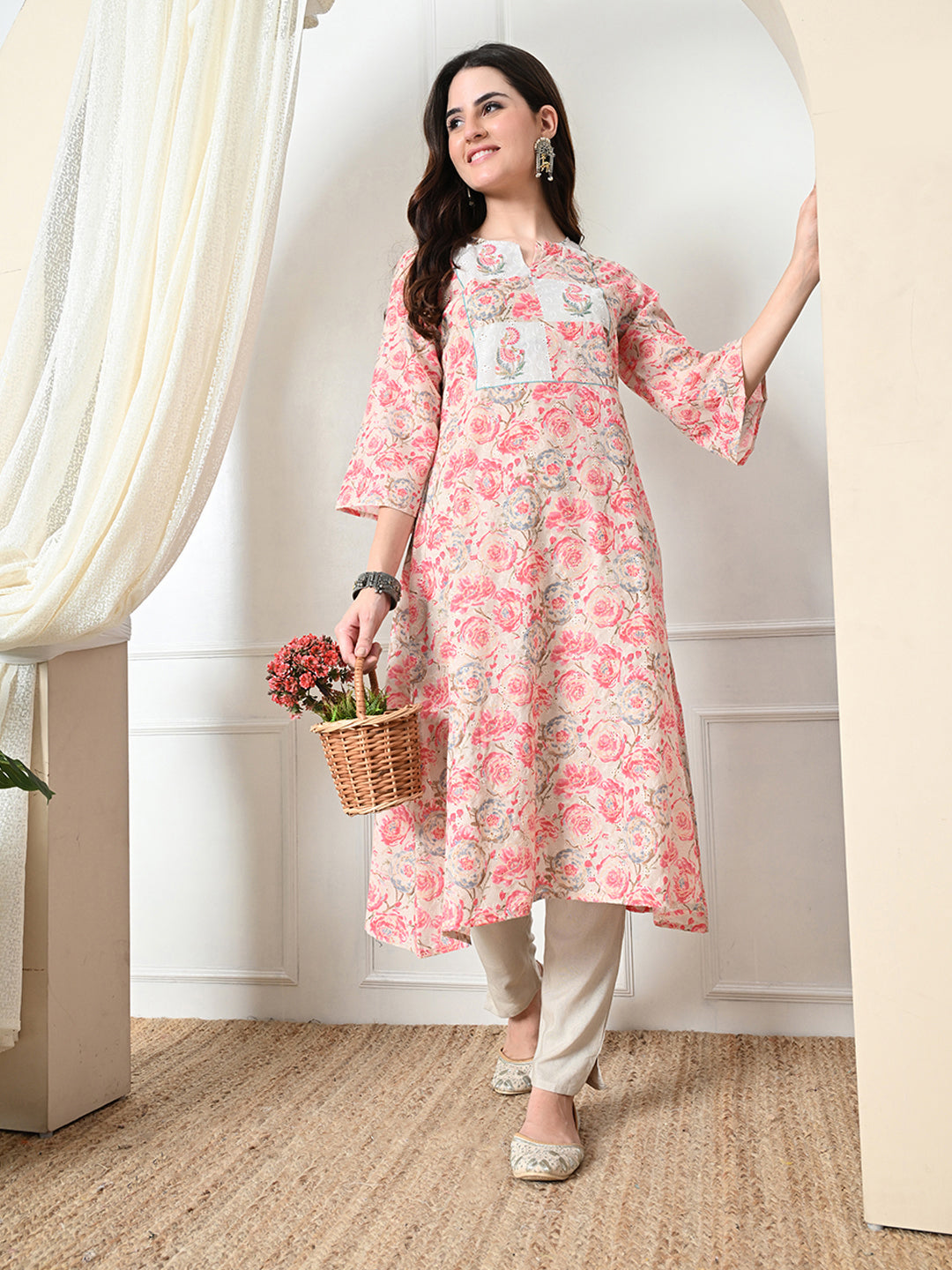 Myshka Women's Hakoba Printed A-Line Kurta in Peach Color