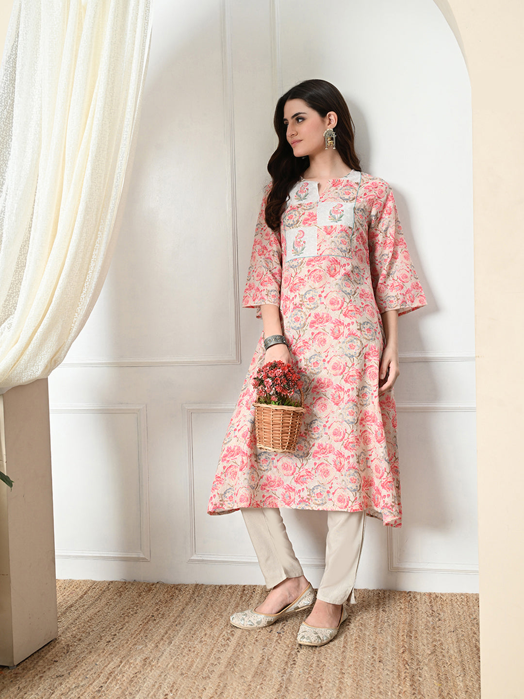 Myshka Women's Hakoba Printed A-Line Kurta in Peach Color