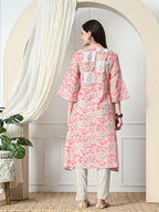 Myshka Women's Hakoba Printed A-Line Kurta in Peach Color