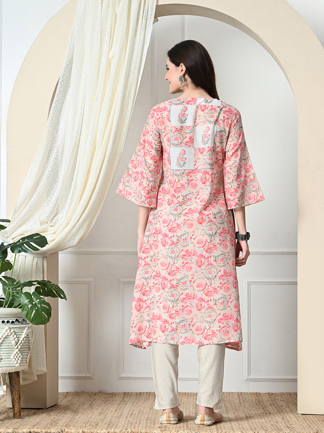 Myshka Women's Hakoba Printed A-Line Kurta in Peach Color