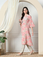 Myshka Women's Hakoba Printed A-Line Kurta in Peach Color