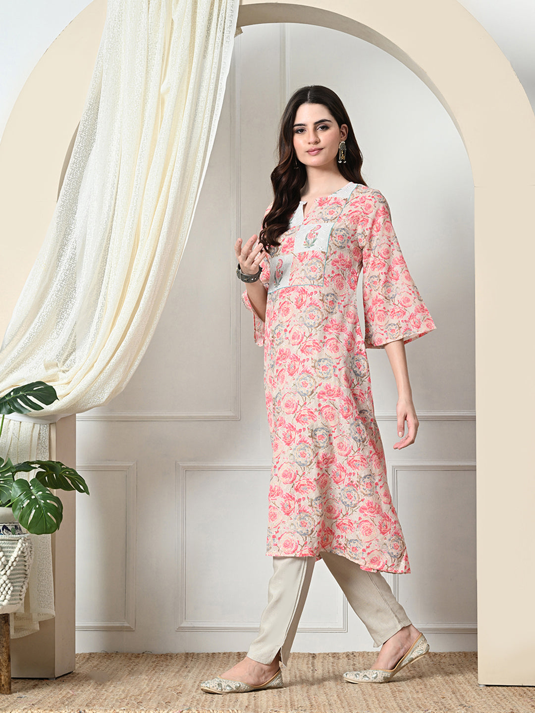 Myshka Women's Hakoba Printed A-Line Kurta in Peach Color