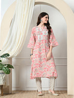 Myshka Women's Hakoba Printed A-Line Kurta in Peach Color