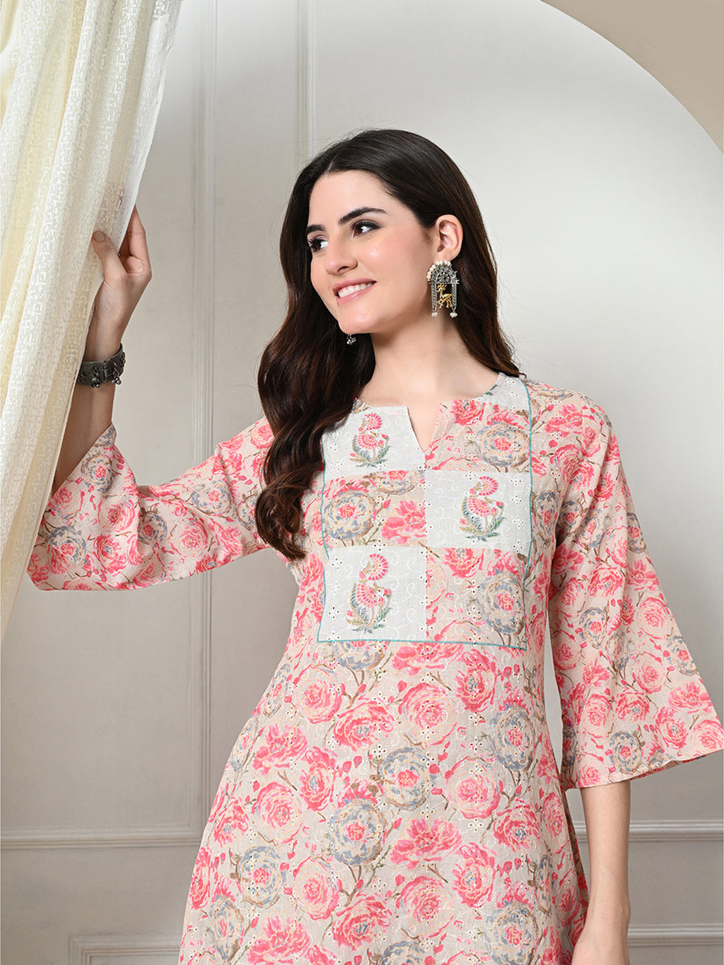 Myshka Women's Hakoba Printed A-Line Kurta in Peach Color