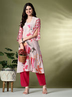 Myshka Women's Hakoba Printed A-Line Kurta in Off White Color