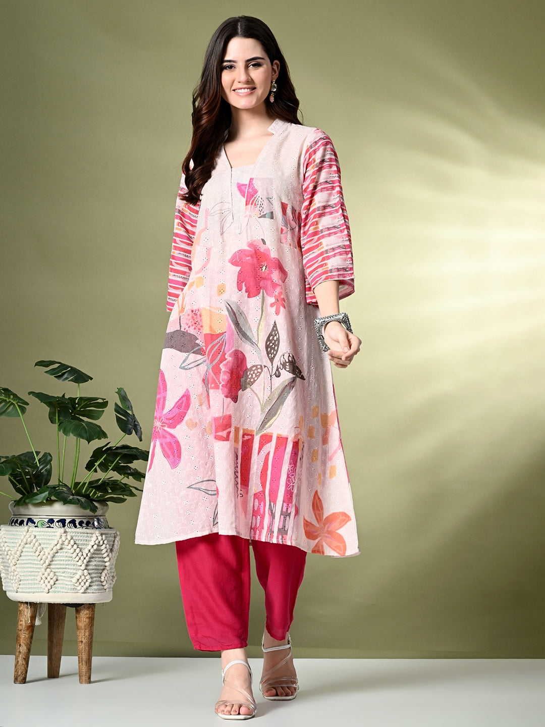 Myshka Women's Hakoba Printed A-Line Kurta in Off White Color