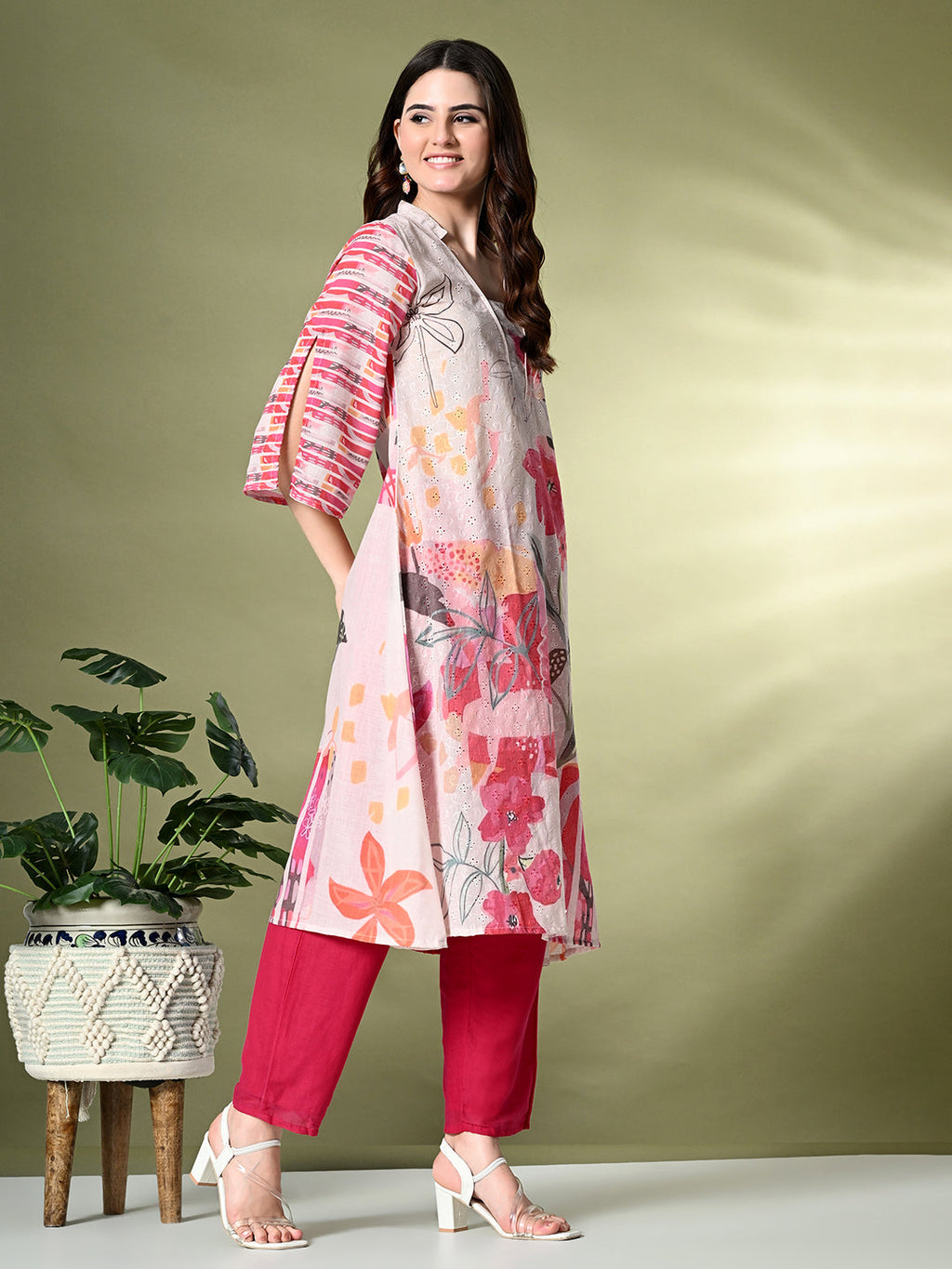 Myshka Women's Hakoba Printed A-Line Kurta in Off White Color