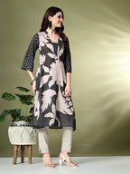 Myshka Women's Hakoba Printed A-Line Kurta in Black Color