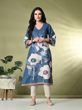 Myshka Women's Hakoba Printed A-Line Kurta in Blue Color