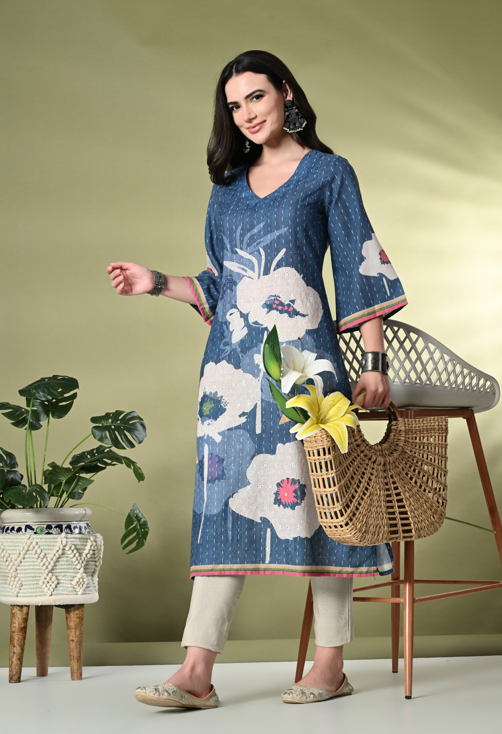 Myshka Women's Hakoba Printed A-Line Kurta in Blue Color