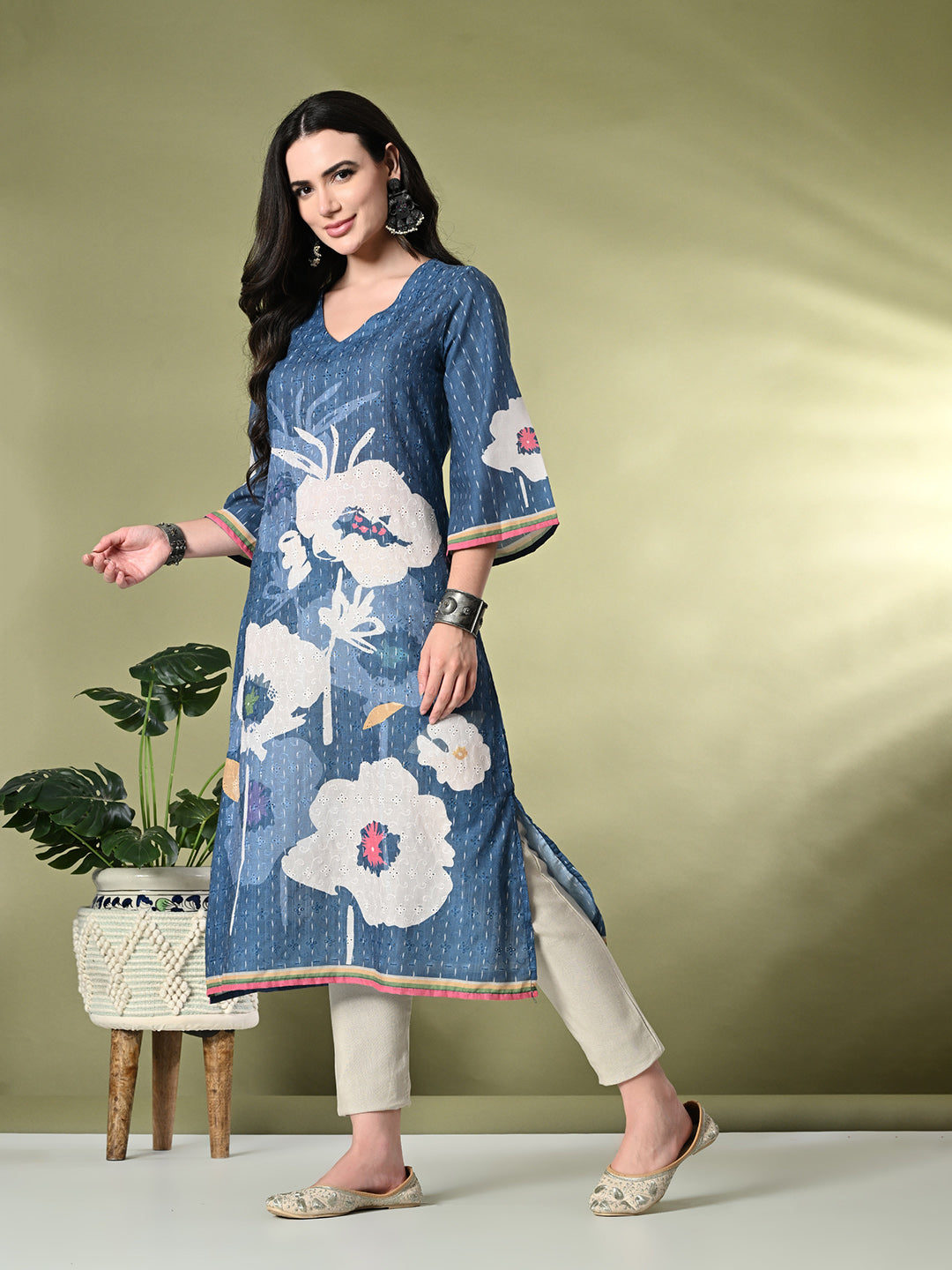 Myshka Women's Hakoba Printed A-Line Kurta in Blue Color