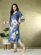 Myshka Women's Hakoba Printed A-Line Kurta in Blue Color