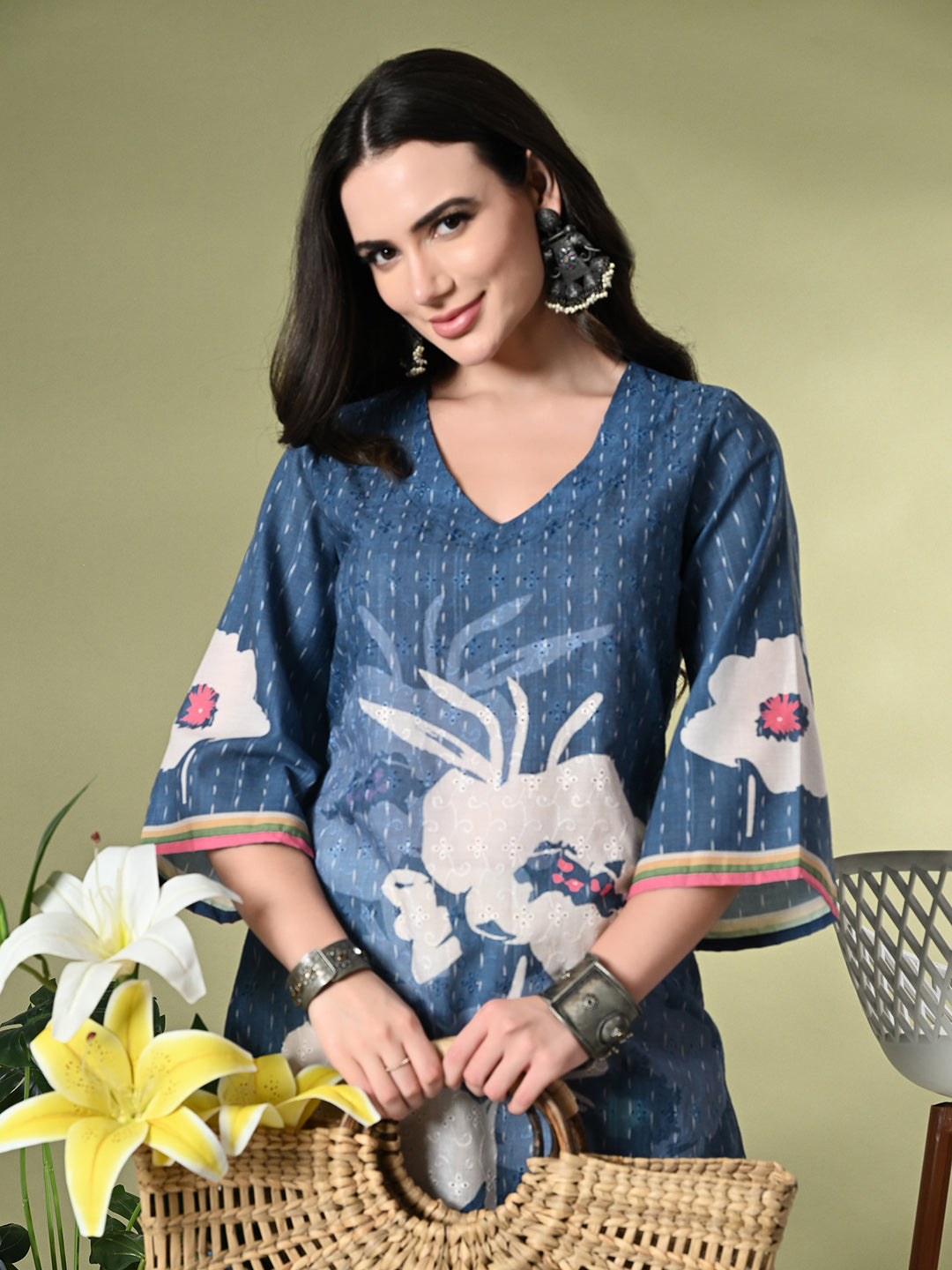 Myshka Women's Hakoba Printed A-Line Kurta in Blue Color