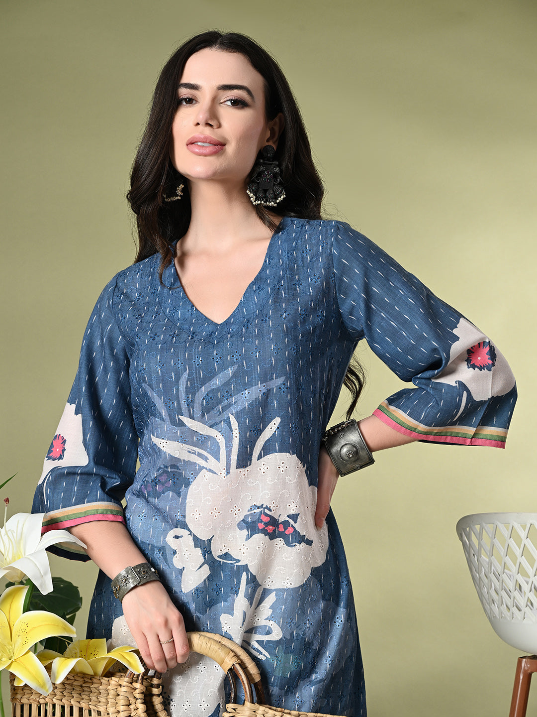 Myshka Women's Hakoba Printed A-Line Kurta in Blue Color