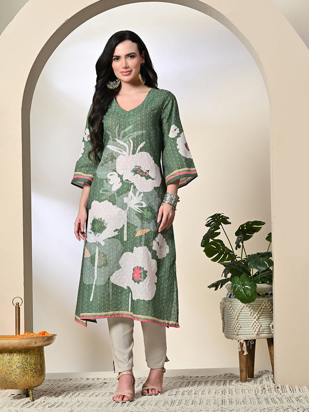Myshka Women's Hakoba Printed A-Line Kurta in Green Color