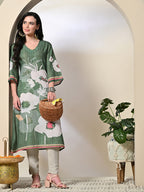 Myshka Women's Hakoba Printed A-Line Kurta in Green Color