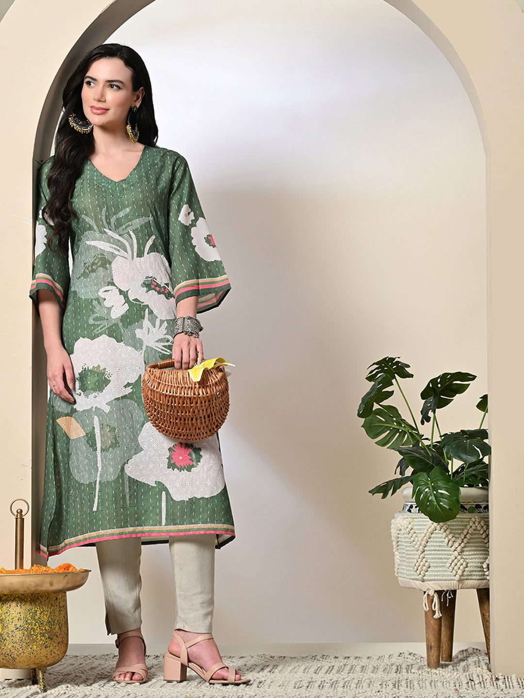 Myshka Women's Hakoba Printed A-Line Kurta in Green Color
