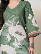 Myshka Women's Hakoba Printed A-Line Kurta in Green Color