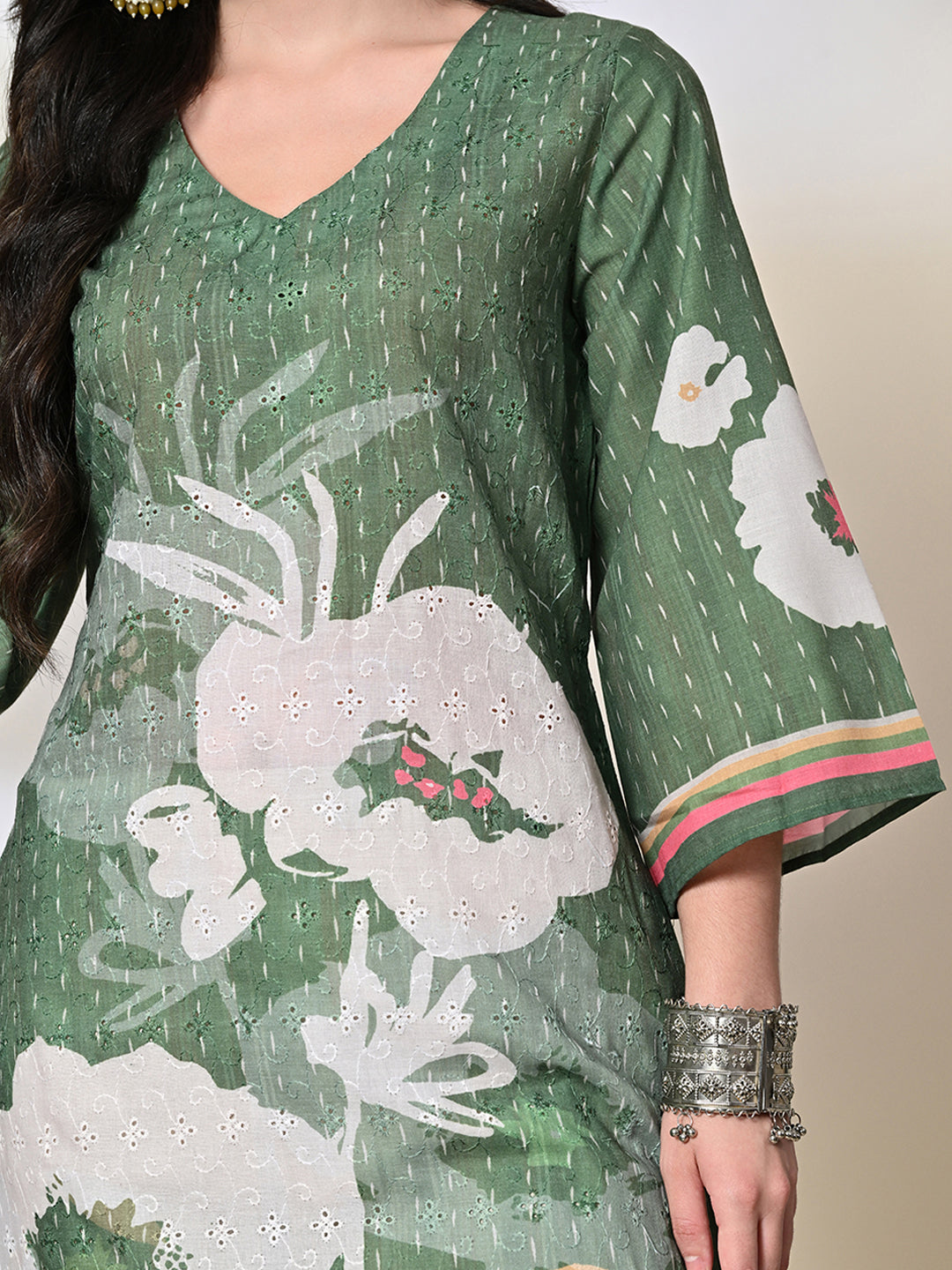 Myshka Women's Hakoba Printed A-Line Kurta in Green Color