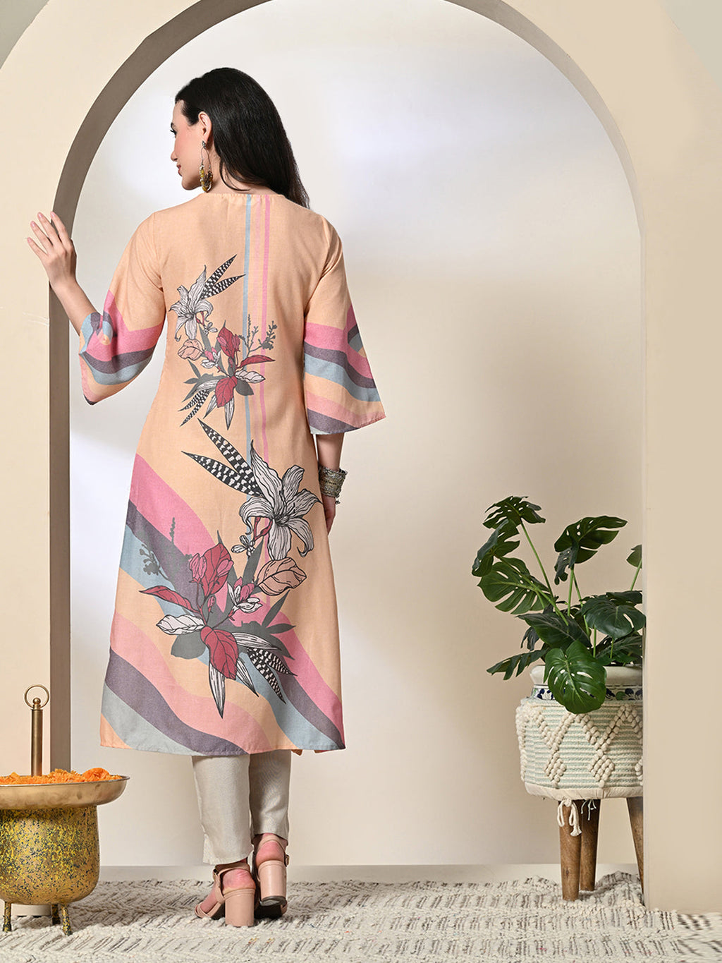 Myshka Women's Hakoba Printed A-Line Kurta in Yellow Color