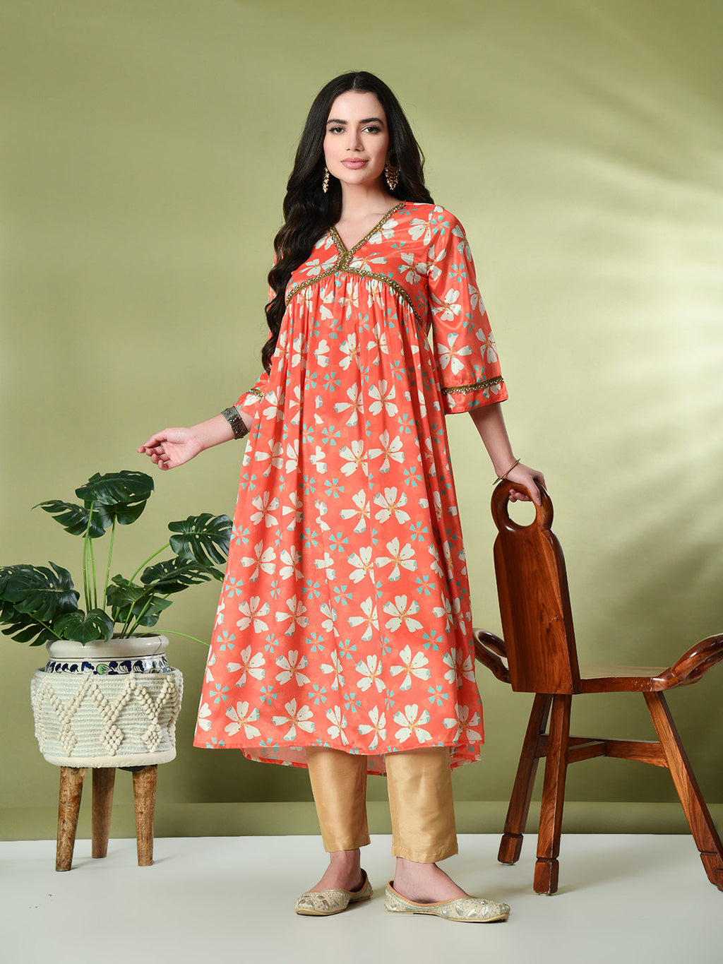 Myshka Women's Chinon Printed Alia-cut Kurta in Orange Color