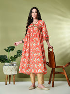 Myshka Women's Chinon Printed Alia-cut Kurta in Orange Color