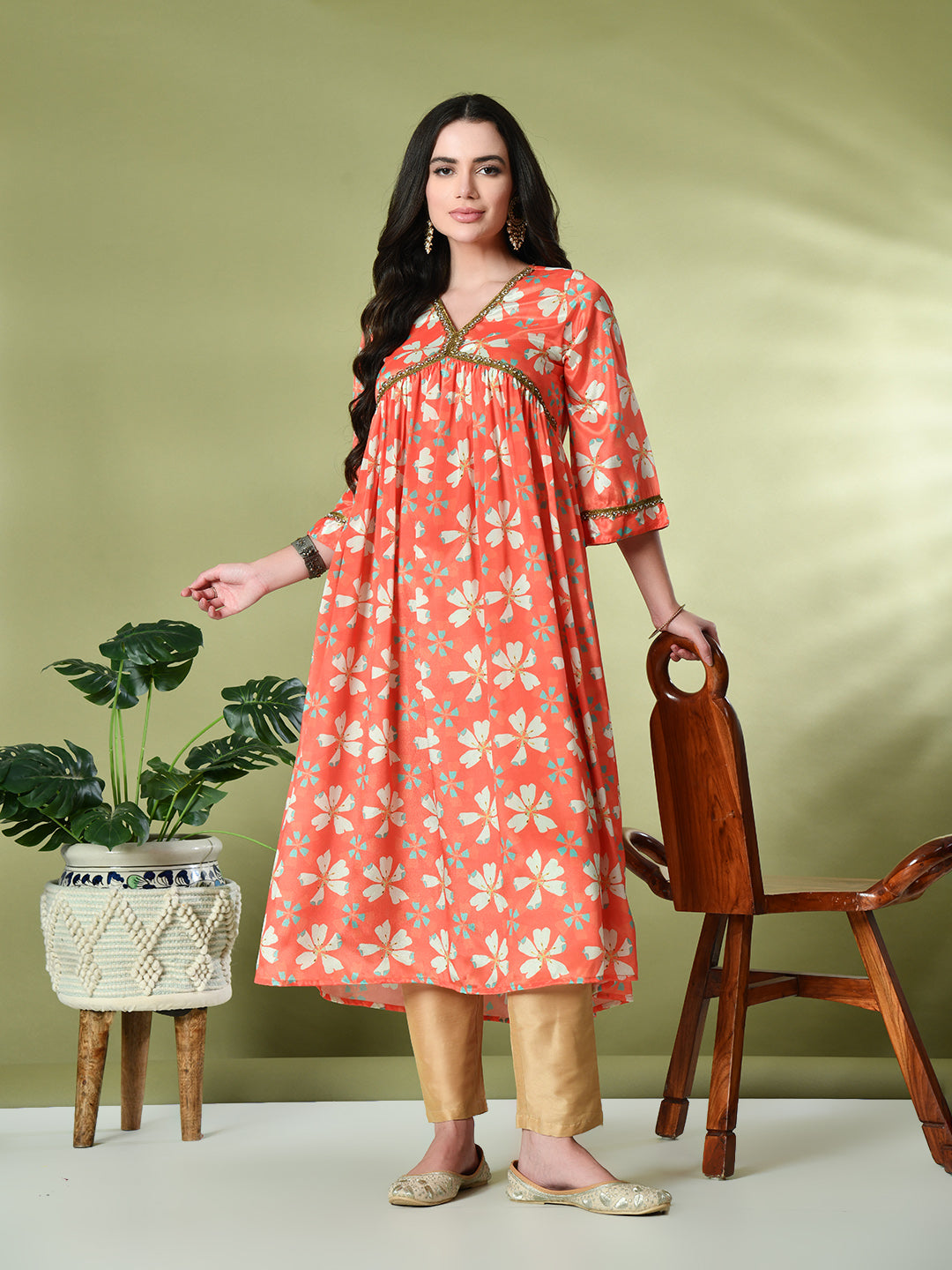 Myshka Women's Chinon Printed Alia-cut Kurta in Orange Color