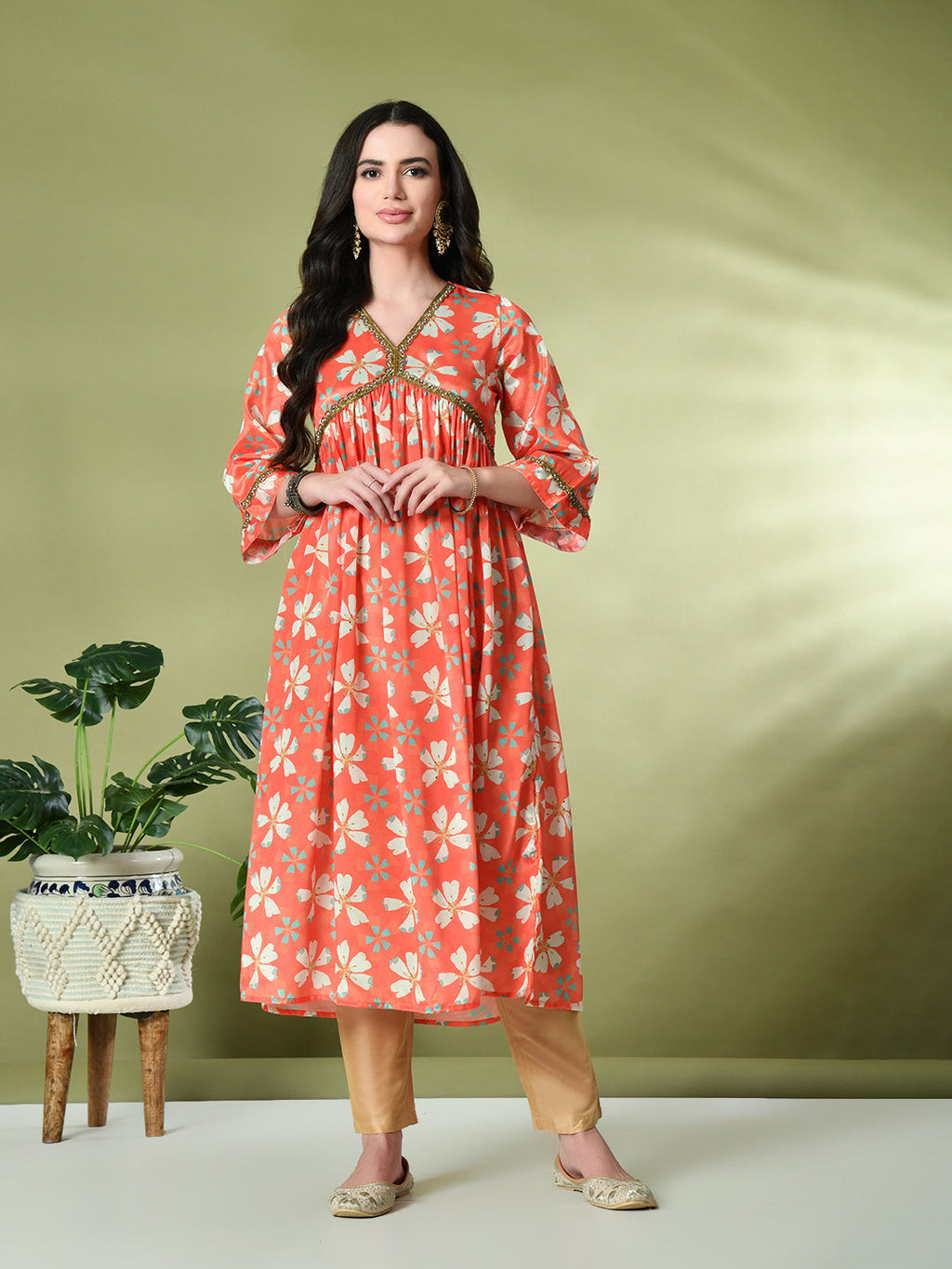 Myshka Women's Chinon Printed Alia-cut Kurta in Orange Color