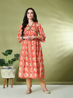Myshka Women's Chinon Printed Alia-cut Kurta in Orange Color