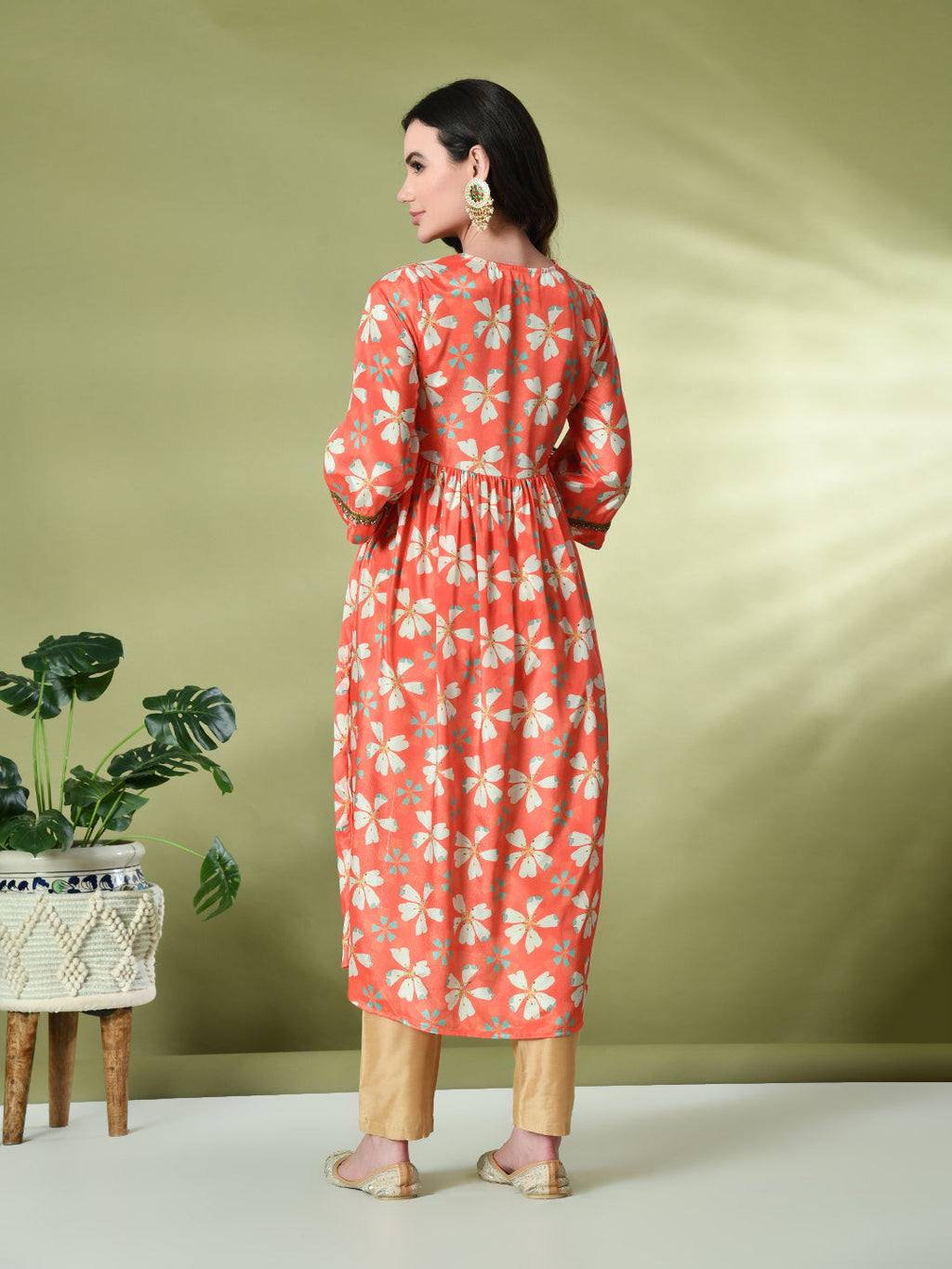 Myshka Women's Chinon Printed Alia-cut Kurta in Orange Color