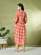 Myshka Women's Chinon Printed Alia-cut Kurta in Orange Color