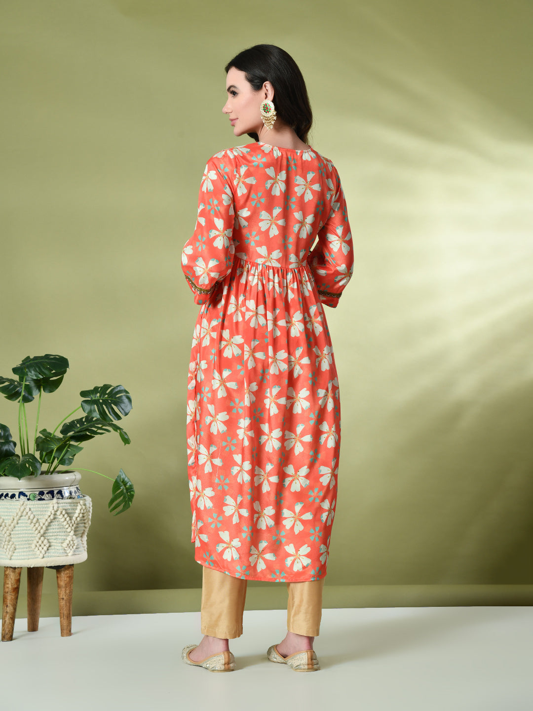 Myshka Women's Chinon Printed Alia-cut Kurta in Orange Color